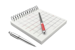 Spiral-bound notebook with grid pages, two pens on transparent background. Ideal for organization, planning, and note-taking. png