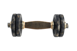 Vintage black and gold dumbbell with textured grip. Ideal for strength training and fitness enthusiasts, perfect addition to workout routines. png