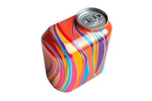Colorful abstract beverage can with vibrant wave patterns on a transparent background. Unique and eye-catching design for drink packaging. png
