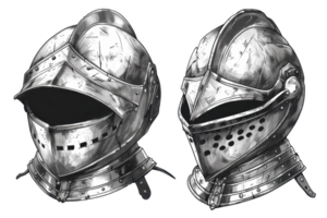 High-detailed black and white illustration of two medieval knight helmets, showcasing intricate armor designs against a transparent background. png
