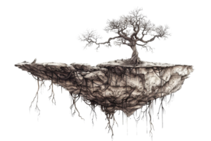 Floating island with a tree, showcasing a fantasy landscape with roots hanging beneath. Perfect for fantasy, nature, and surreal themes. png