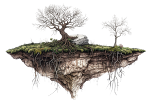 Floating island with trees and exposed roots, showcasing a surreal, fantasy landscape suspended in the air against a transparent background. png