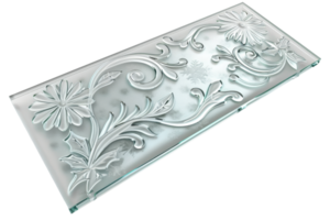 Elegant frosted glass panel with intricate floral design, perfect for home decor, architecture, and creative projects. High-resolution stock photo. png
