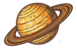 Illustrated depiction of Saturn with detailed rings, showcasing the planet's unique structure and coloration in a space-themed art style. png