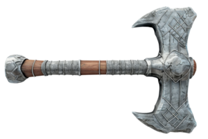 Detailed image of an intricately designed medieval double-headed battle axe with a wooden handle, ideal for fantasy or historical themes. png