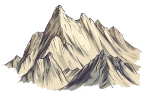 Hand-drawn illustration of a rugged mountain range with peaks and valleys, showcasing detailed line work and shading techniques. png
