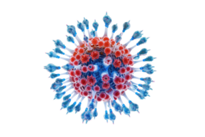 Detailed 3D render of a virus particle with blue and red structures, representing a microscopic view of a pathogen in a scientific model. png