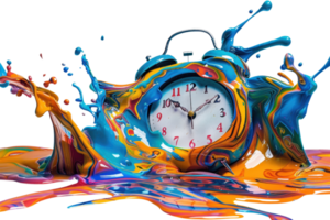 Creative splash of vibrant paint merging with an alarm clock, symbolizing the blend of time and art in a surreal composition. png