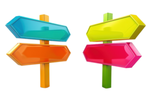 Colorful directional arrows on poles, isolated on transparent background. conveying choices and directions, suitable for navigation concept. png