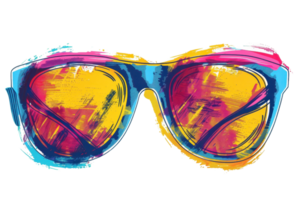 Colorful abstract sunglasses illustration with vibrant brushstrokes in yellow, blue, and pink. Stylish accessory art for summer vibes. png