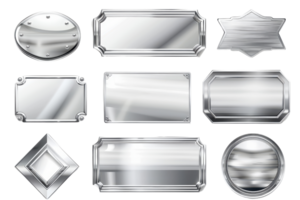 Collection of shiny silver metal badge labels with various shapes and designs, perfect for branding, awards, and graphic design projects. png