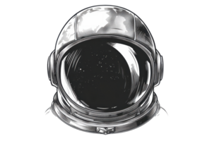 Black and white illustration of an astronaut helmet with space reflected in the visor, representing exploration and adventure. png