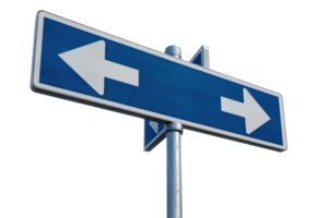 Blue road sign with arrows pointing left and right, indicating directions and choice in navigation under clear sky. png
