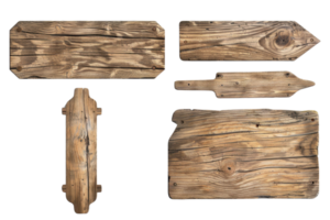 Collection of rustic wooden signboards, assorted shapes, isolated on transparent background. Ideal for adding vintage or natural touch to designs. png
