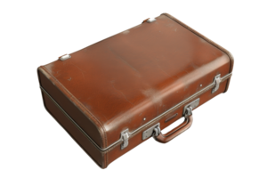 Vintage brown leather suitcase with handle and metal clasps, isolated on transparent background. Perfect for travel or retro-themed decor. png