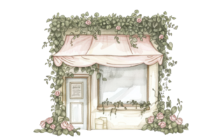 Charming vintage storefront adorned with roses and greenery, featuring a quaint awning and a rustic display window. png