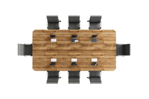 Top view of a modern conference table setup with eight chairs, notepads, and pens, isolated on a transparent background. png