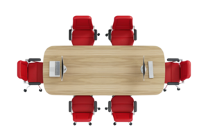 Top view of a modern conference table with red chairs and laptops, ideal for business meeting or office environment concepts. png