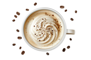 Top view of a coffee cup with creamy froth and sprinkled chocolate, surrounded by coffee beans, isolated on a transparent background. png