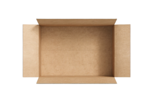 Top view of an open empty cardboard box with flaps, suitable for packaging, shipping, or storage purposes. Brown color and simple design. png