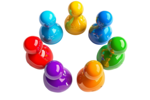 Colorful plastic game pieces arranged in a circle, symbolizing unity and teamwork. Ideal for concepts of diversity, cooperation, and inclusion. png