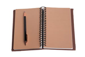 Open spiral bound notebook with pen on lined pages, perfect for note-taking, planning, and journaling, isolated on transparent background. png
