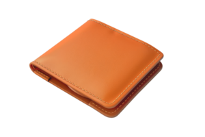 Elegant orange leather wallet isolated on transparent background. Stylish and functional accessory for carrying cash, cards, and essentials. png