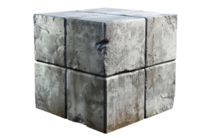 High-resolution image of a weathered concrete cube isolated on a transparent background, showcasing texture and ruggedness. png