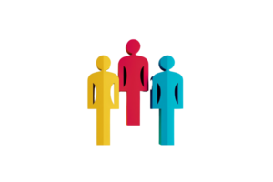 Colorful abstract icon of three human figures in yellow, red, and blue, symbolizing unity, teamwork, and community. png