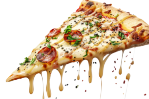 Mouth-watering slice of pizza oozing with cheese, bacon, and herbs, perfect for food enthusiasts and culinary visuals. png