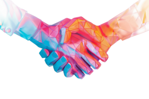 Colorful polygonal handshake representing partnership, unity, and collaboration in modern business and team-building contexts. png
