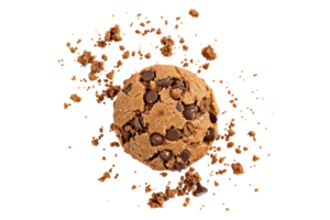 Delicious chocolate chip cookie with crumbs on a transparent background. Perfect for dessert, snack, and bakery-themed designs. png