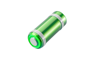High-quality 3D render of a green battery representing energy, power, and sustainability on a transparent background. png