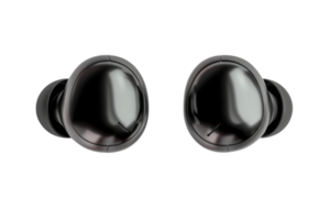 Close-up of sleek black wireless earbuds isolated on transparent background. showcasing modern design and technology for audio enthusiasts. png