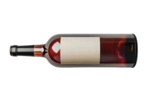 Close-up of a wine bottle with a blank label, lying on its side, ready for branding, marketing, and packaging design purposes. png