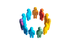 Colorful 3D figures arranged in a circle, representing teamwork, unity, collaboration, and community from top view. png