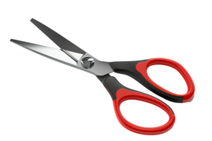 A pair of red-handled scissors with sharp blades, ideal for office and home use. Perfect for cutting paper, fabric, and other materials. png