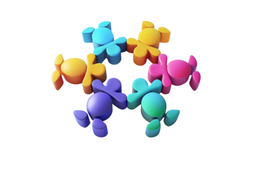 Abstract 3D illustration of colorful figures in a circular formation, symbolizing unity, teamwork, and cooperation. Vibrant digital artwork. png