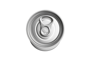Top view of a silver aluminum beverage can with pull tab, isolated on transparent background. illustrating soda or beer container freshness. png