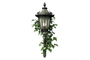 Vintage wall-mounted lantern with ivy vines, exuding rustic charm and inviting a nostalgic glow to any space. png