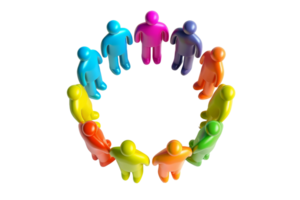 Colorful 3D figures holding hands in a circle symbolizing unity, collaboration, teamwork, and diversity isolated on a transparent background. png