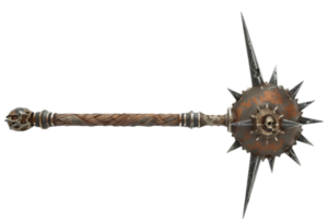 Medieval spiked mace with intricate design, skull motif, and metal spikes, used as a historical weapon and fantasy prop. png
