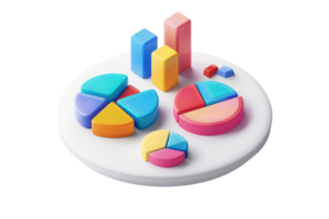 3D colorful pie charts and bar graphs on round platform, representing data visualization, analytics, and business statistics. png