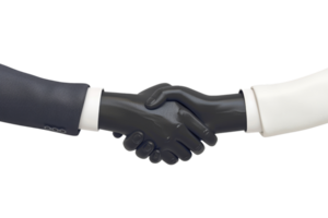 Close-up of two robotic hands, one black and one white, shaking hands symbolizing unity, cooperation, and technological advancement. png