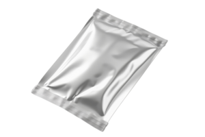 Close-up of a shiny silver foil packet, perfect for packaging, storage, and preserving various products. Isolated on a transparent background. png