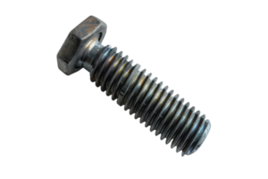 Close-up image of a metallic hex bolt, showing detailed threading and shiny surface, suitable for industry and hardware-related projects. png