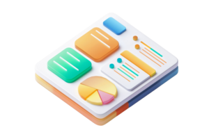 3D illustration of a data visualization dashboard showing bar, pie charts, and analytics for business insights. png