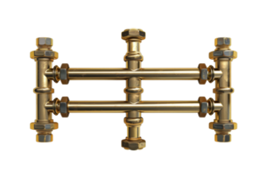 Golden brass pipe fitting with bolts and nuts for plumbing or mechanical use, isolated on transparent background. png