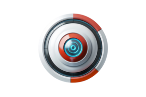Futuristic circular object with red and white segments, blue glowing core, on a transparent background. resembling advanced technology design. png