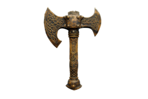 Ornate double-headed battle axe with intricate designs and a rustic finish, embodying medieval craftsmanship and historical weaponry. png